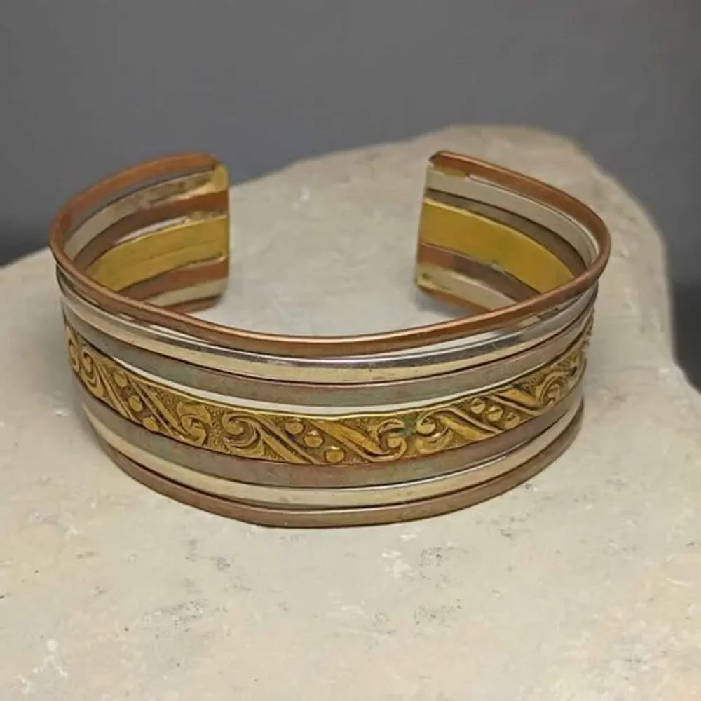 Vintage Tri Tone Mixed Metal Embossed Cuff Bracelet Artisan